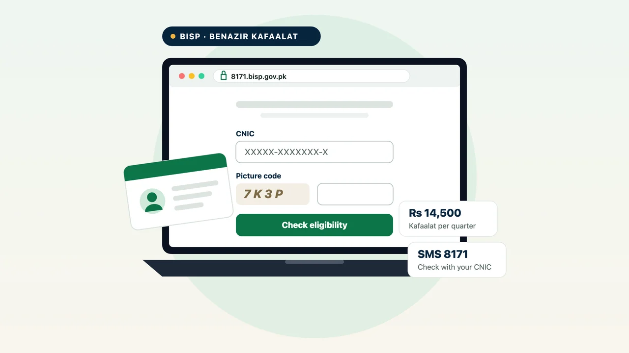 Illustration of the 8171 eligibility form on a laptop, with CNIC and picture-code fields, beside an ID card and the Rs 14,500 Kafaalat amount