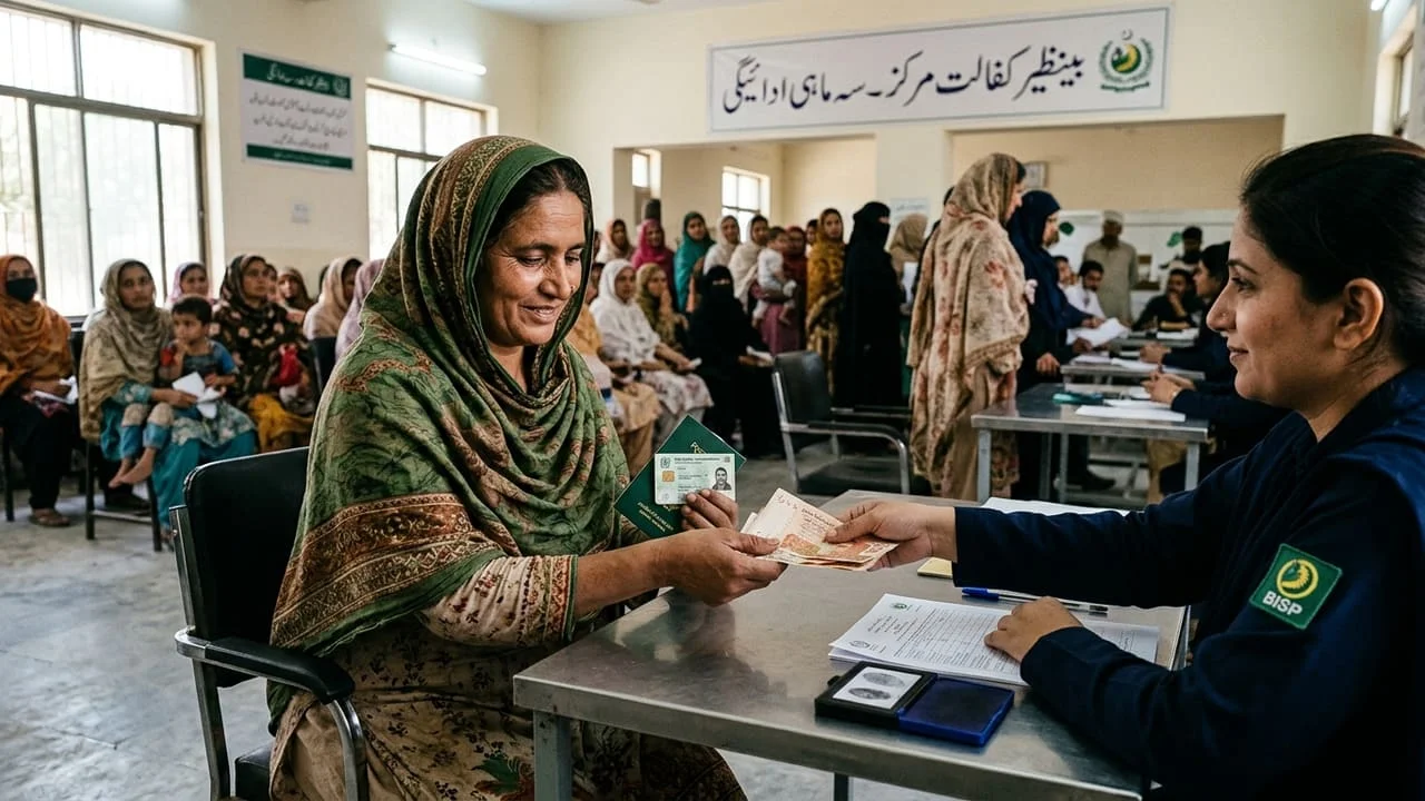 Pakistani beneficiary holding official receipt after receiving Benazir Kafaalat quarterly cash stipend