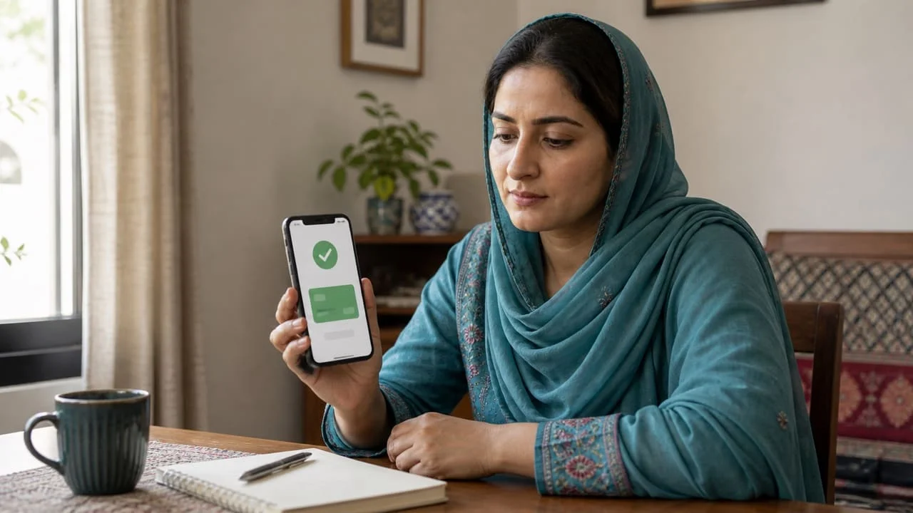 Pakistani woman performing biometric verification at bank ATM for BISP 8171 balance check