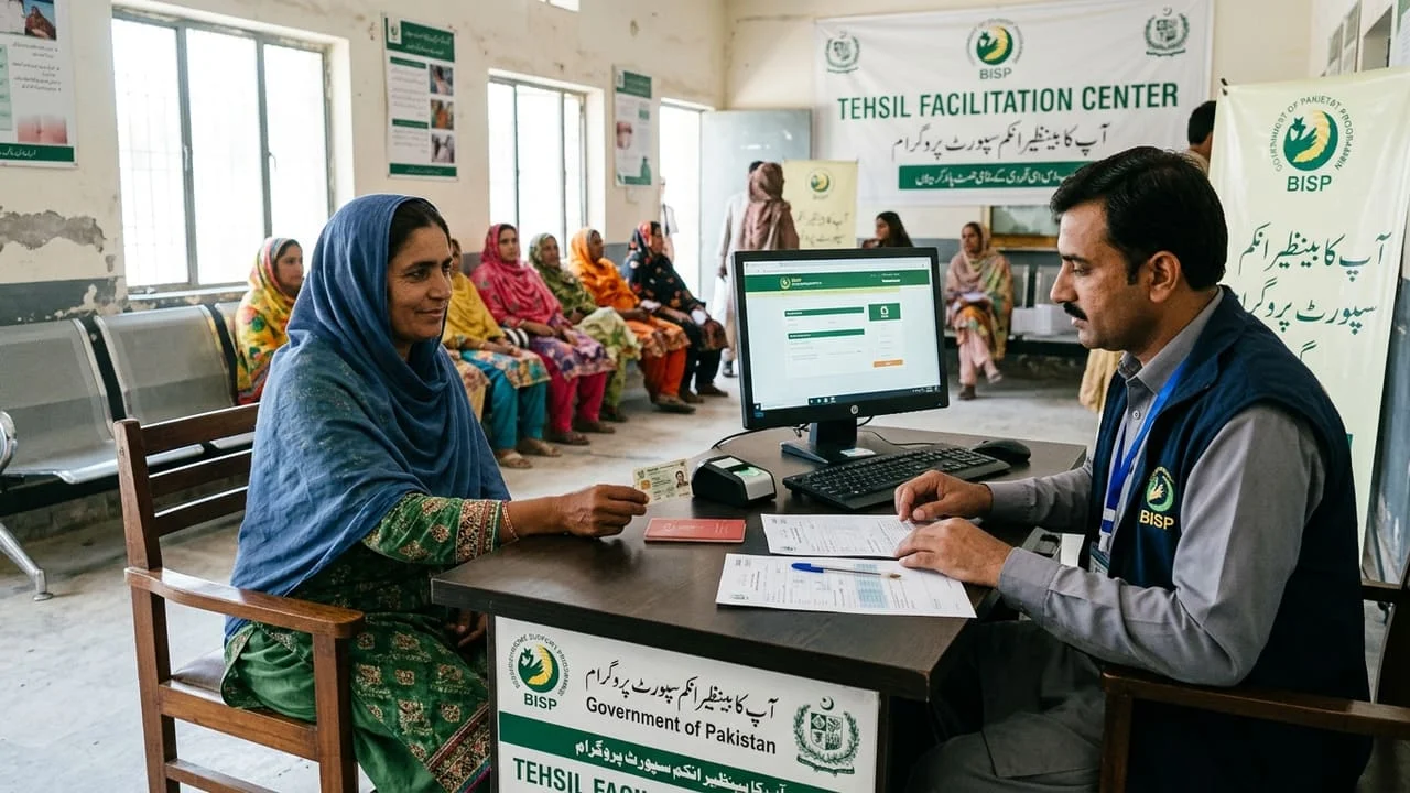 A female applicant attending a BISP dynamic registration interview at a Tehsil center