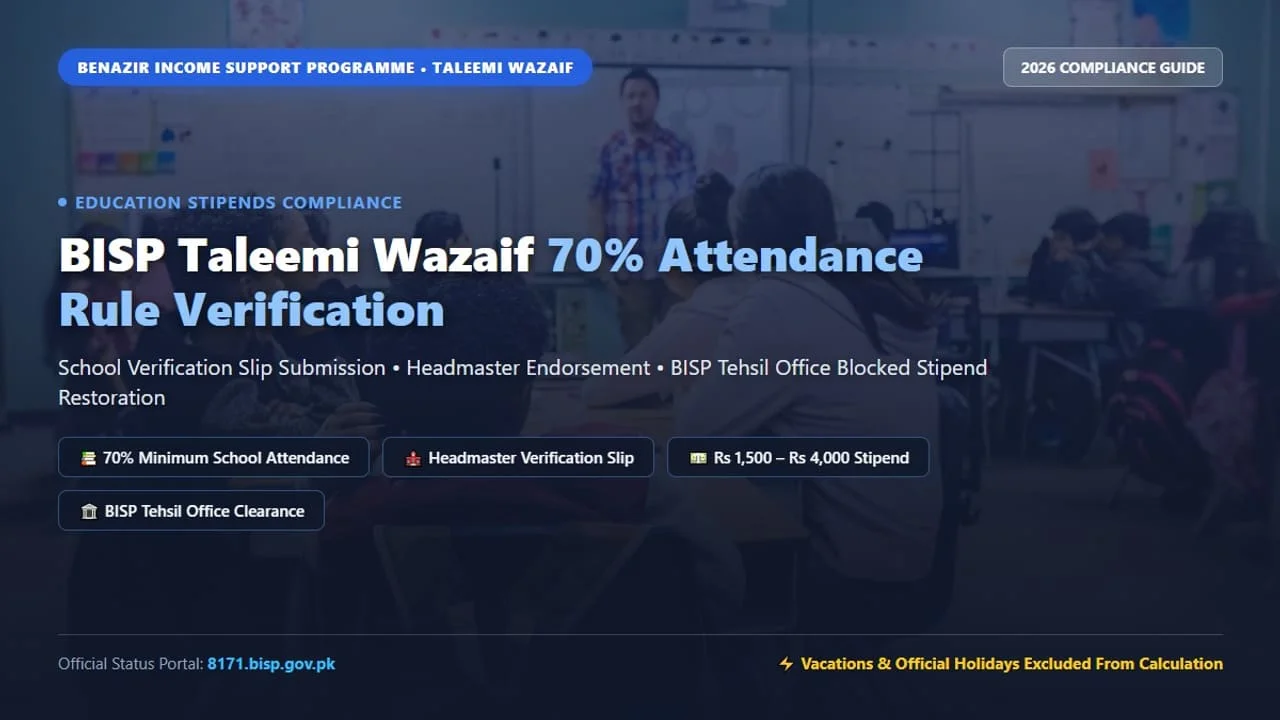 School teacher checking student attendance record for BISP Taleemi Wazaif stipend eligibility