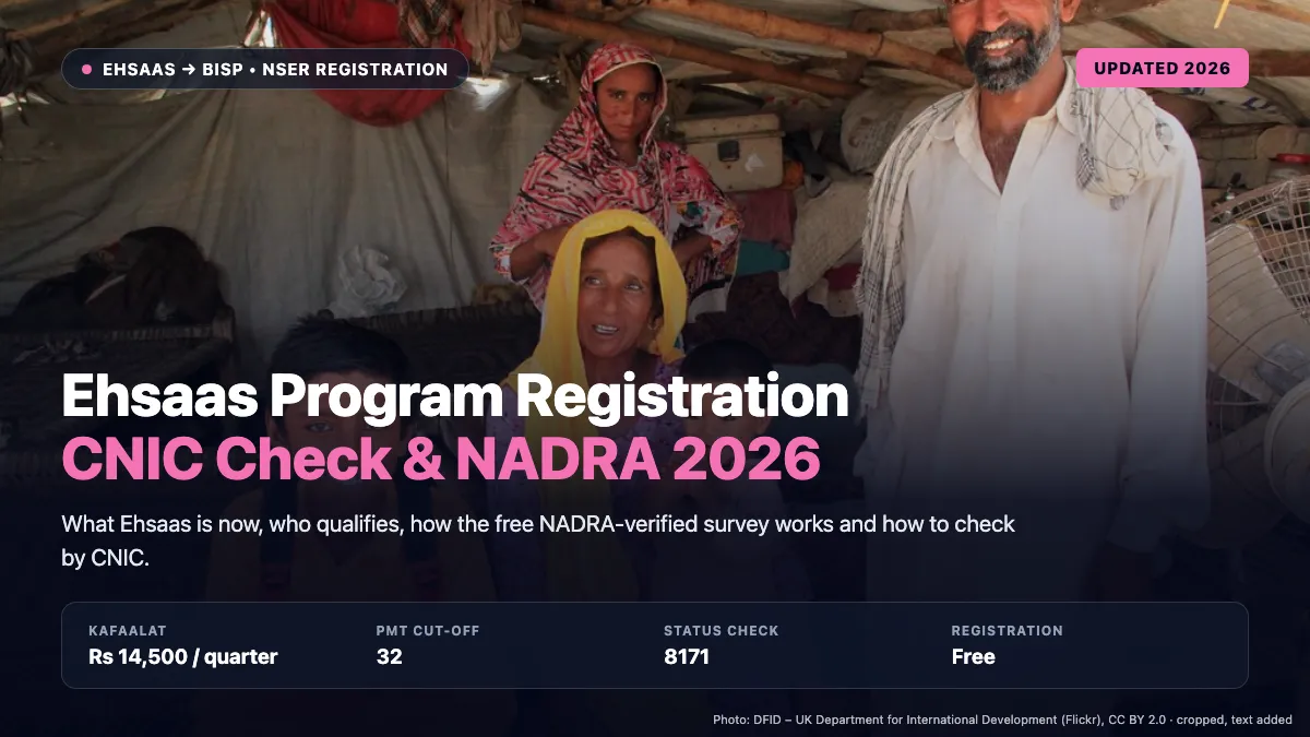 A family at home in Sindh, Pakistan, illustrating household registration for the Ehsaas and BISP programmes by CNIC