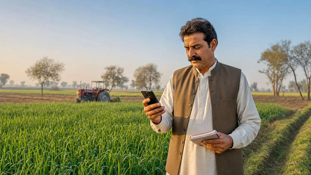 A farmer using a phone in a green crop field