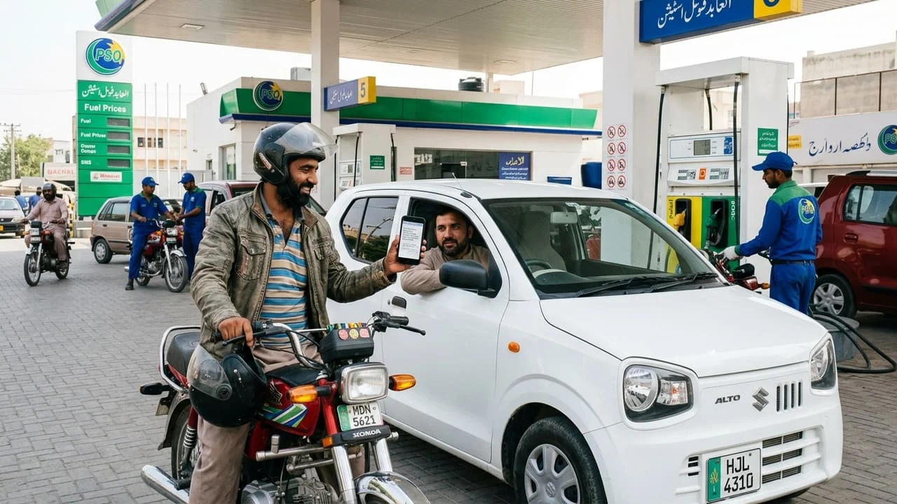 Motorcycle commuter refueling at petrol pump under fuel relief subsidy scheme
