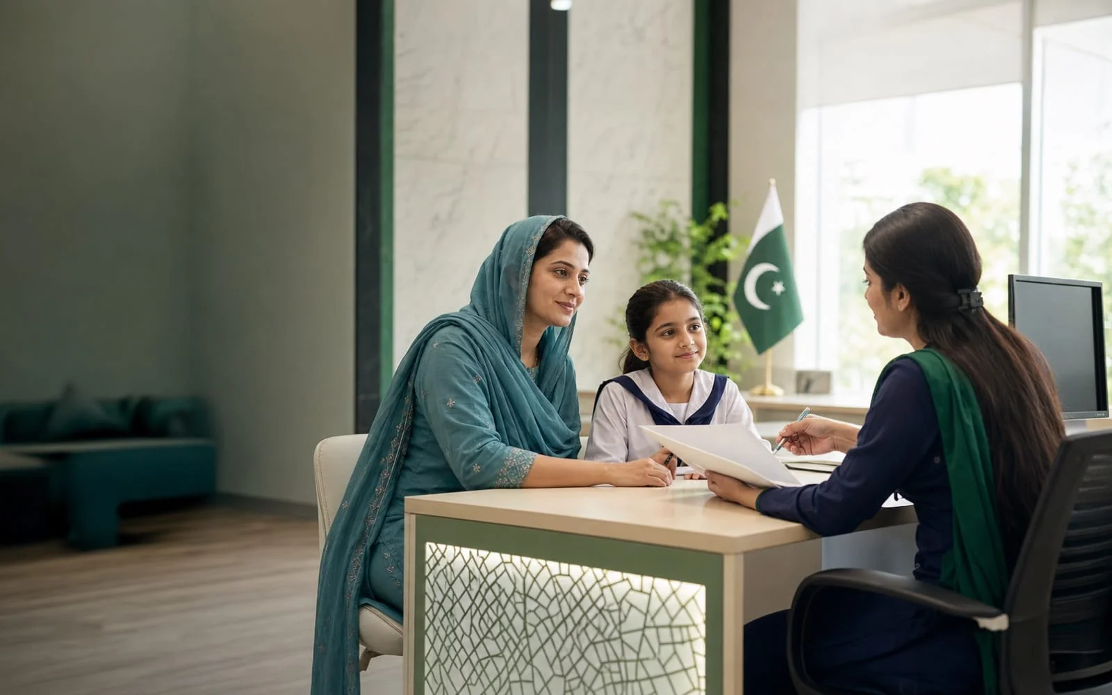 Pakistani mother and daughter receiving clear public welfare scheme guidance at a community desk