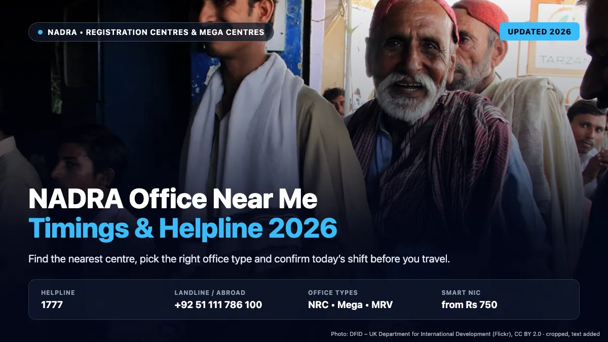 People holding identity cards in a queue at an office doorway in Pakistan, illustrating a visit to the nearest NADRA office