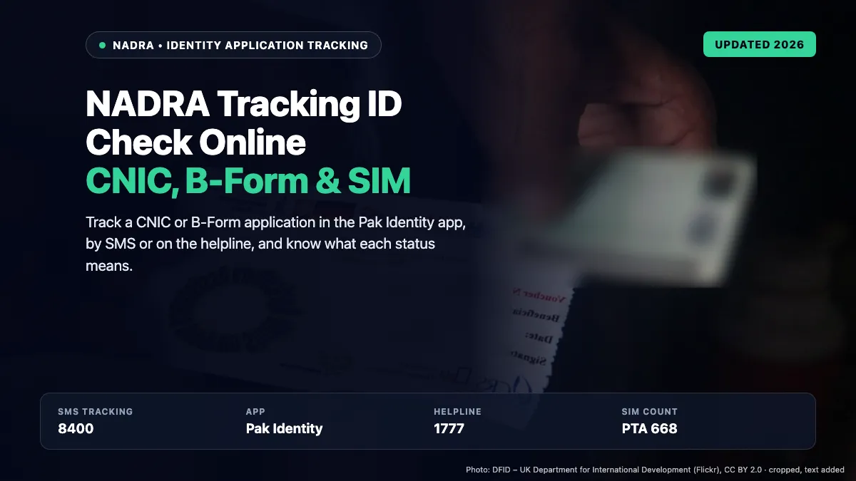 Hand holding a Pakistani identity card beside an application slip, illustrating a NADRA tracking ID check